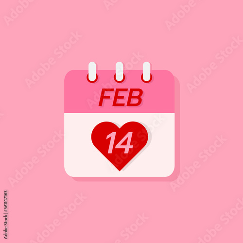 14 Feb with red heart or Valentine’s Day calendar on pink background. Reminder love date or romantic date for love couple.