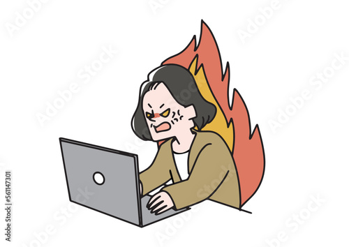 パソコンの前で激怒している中年女性のイラスト