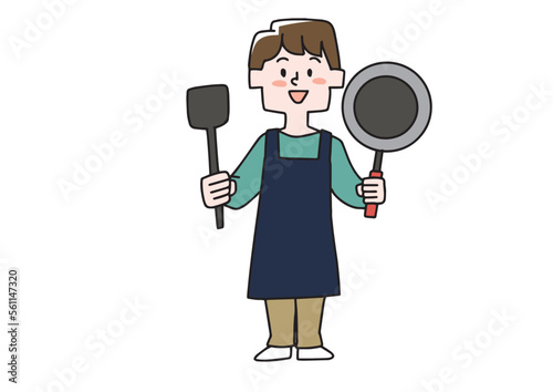 フライパンとフライ返しを持っている男性のイラスト