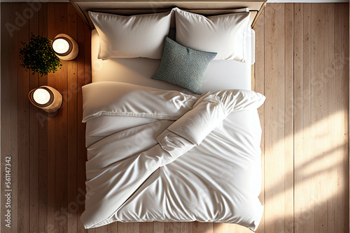 bed with pillows and linens, top view, created by ai