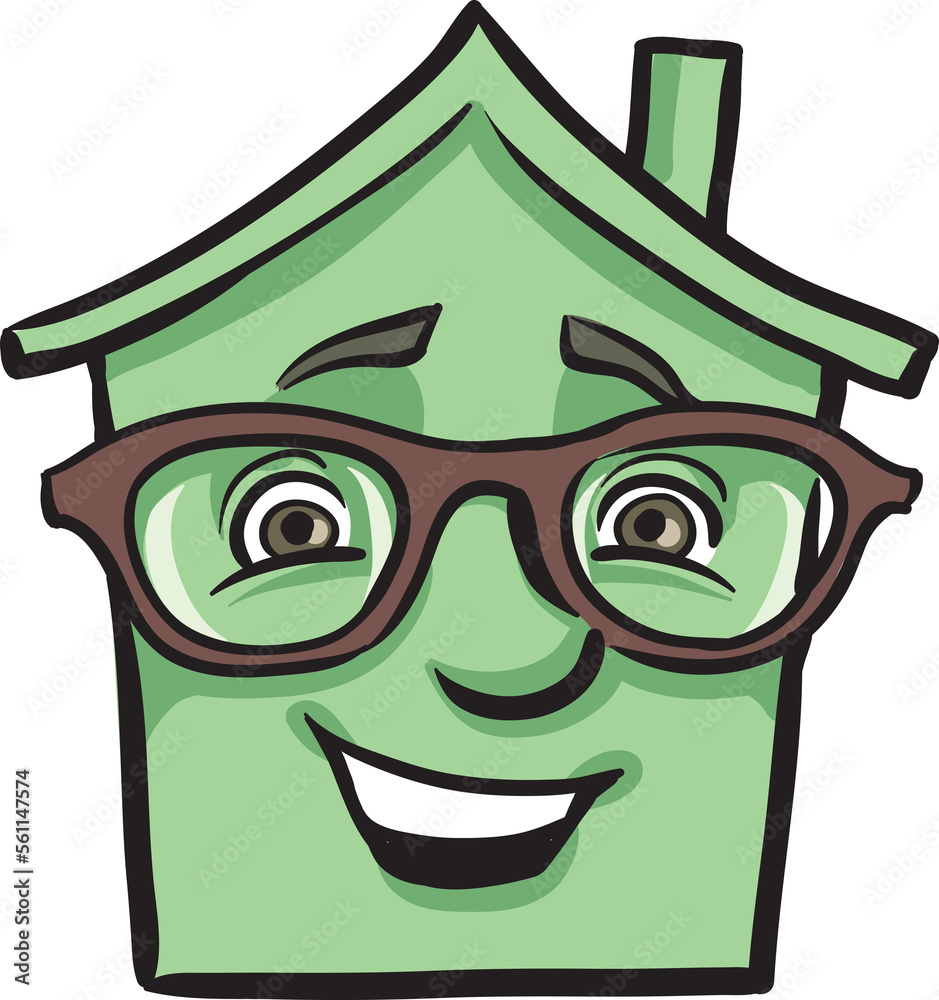 cartoon smiling house in glasses face PNG image with transparent