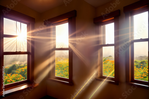 Beautiful view from inside a house out a window with a field of flowers,  meadow landscape, and mountains with sunlight and lens flares streaming through.
