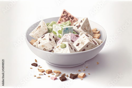 In a square bowl, pieces of nougat candy are displayed on a white background. Generative AI photo