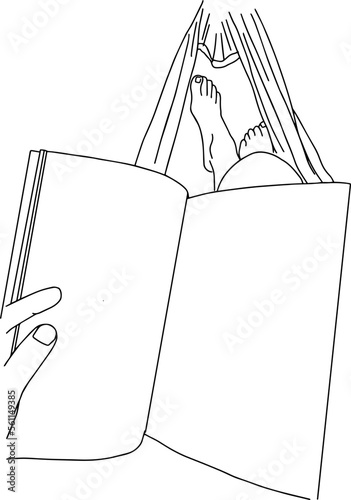 Outline sketch of relaxing with a book on a hammock for you design place text on book