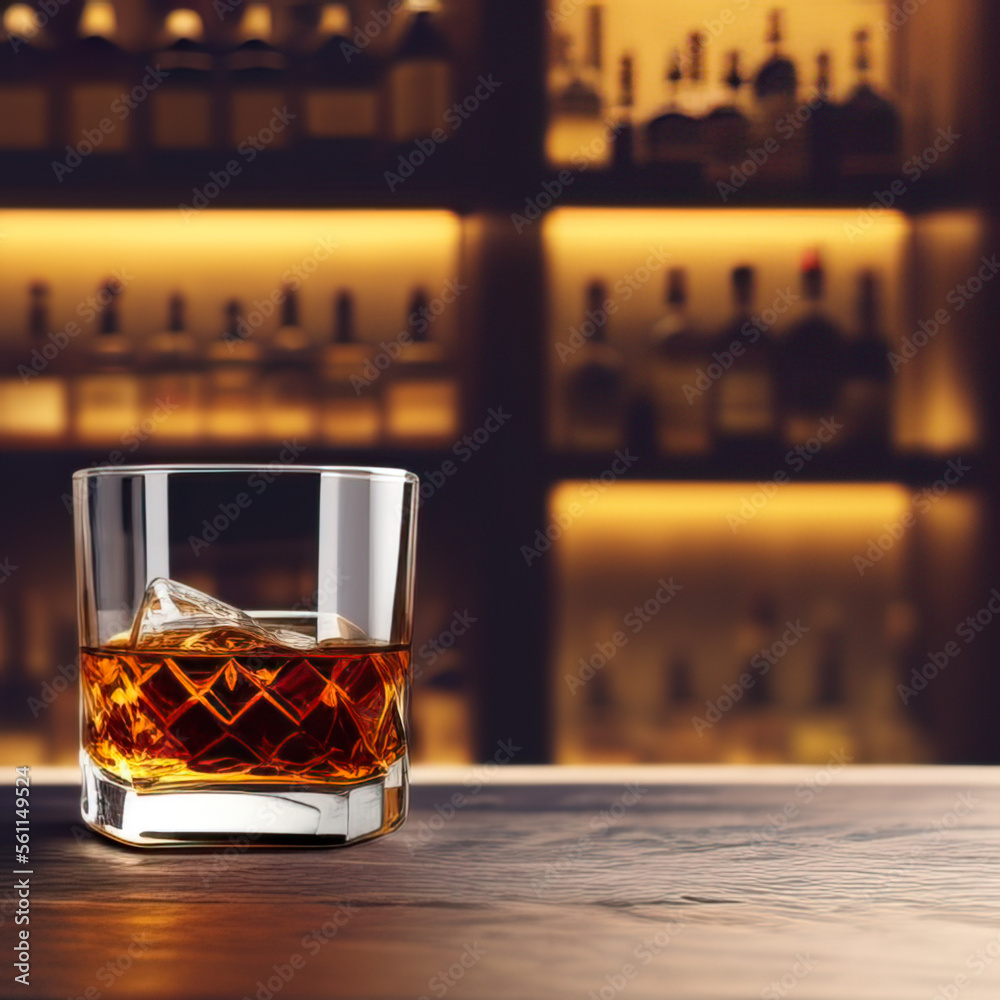 whiskey with ice in beautiful glass standing on a bar in cozy warm pub whiskey with ice in beautiful glass standing on a bar in cozy warm pub
