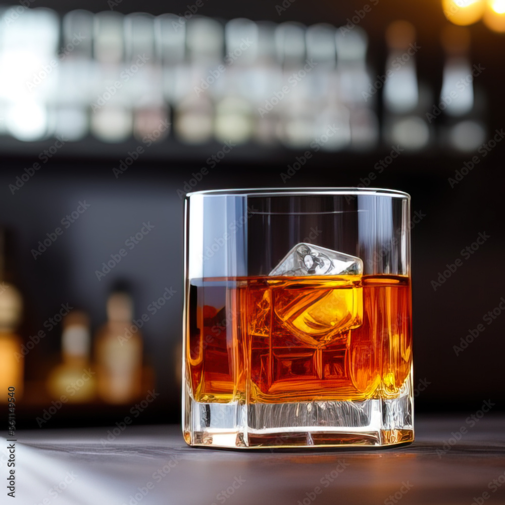 whiskey with ice in beautiful glass standing on a bar in cozy warm pub whiskey with ice in beautiful glass standing on a bar in cozy warm pub