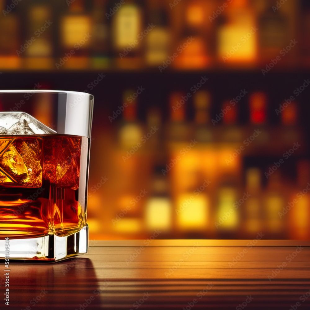 whiskey with ice in beautiful glass standing on a bar in cozy warm pub whiskey with ice in beautiful glass standing on a bar in cozy warm pub
