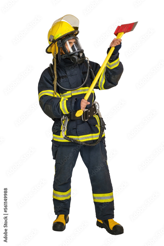 Full body of unrecognizable firefighter in protective helmet and uniform with axe and safety equipment isolated on white background Full body of unrecognizable firefighter in protective helmet and uniform with axe and safety equipment isolated on white background
