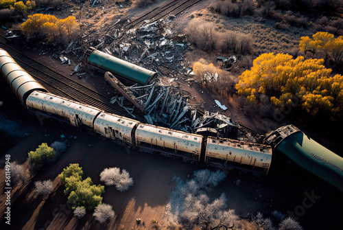 Train derailment accident, aerial view. Generative AI