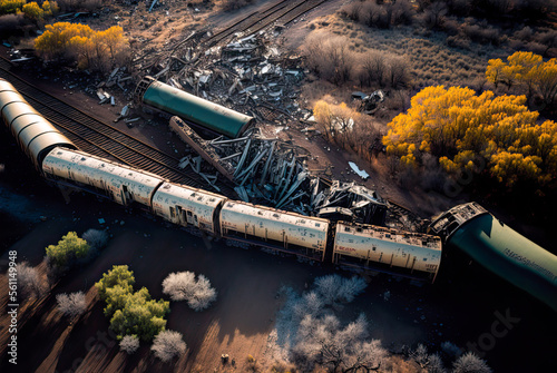 Train derailment accident, aerial view. Generative AI photo