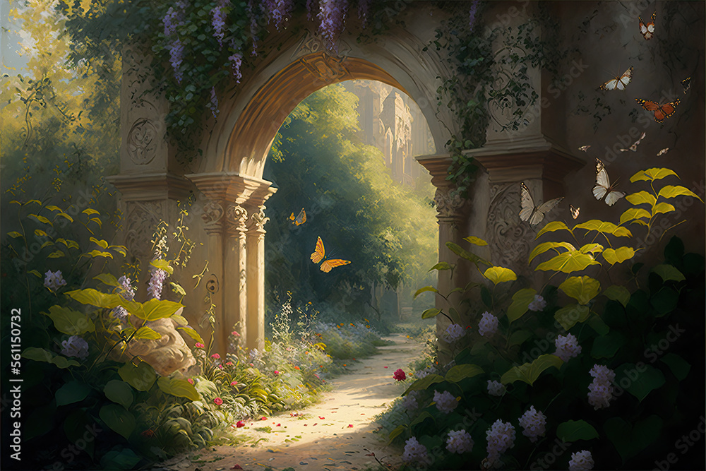 Naklejka premium A beautiful secret fairytale garden with flower arches and beautiful tropical forest with colorful vegetation