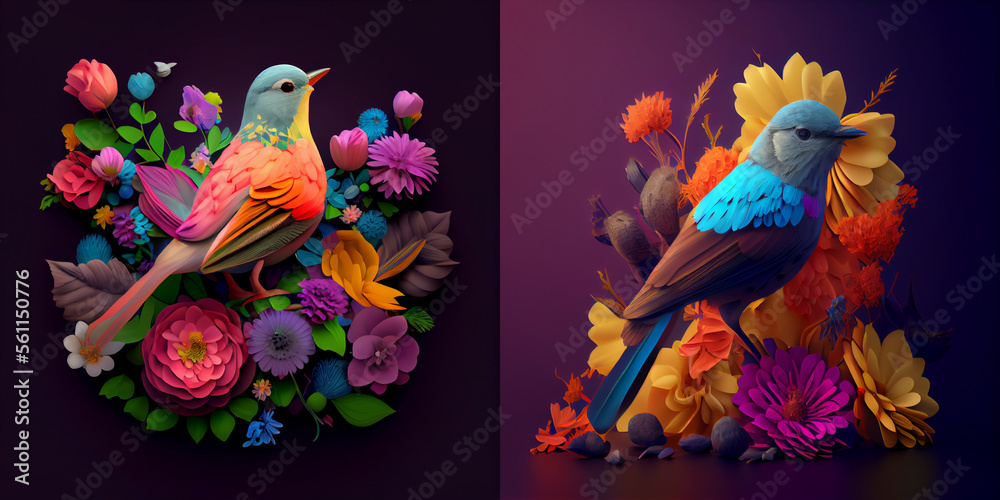 Illustration of colorful birds with lot of flowers around it, dark tone background, collection