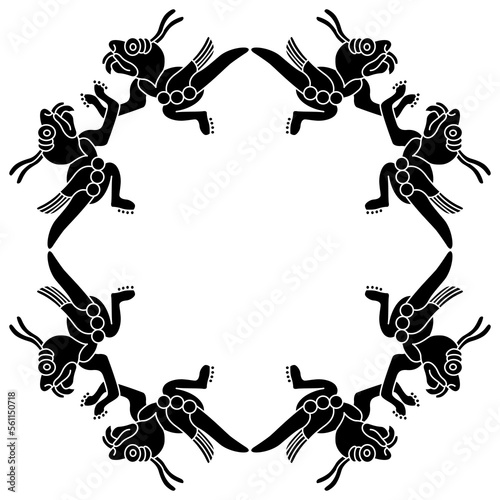 Geometrical frame with flying monster locusts. Native American art of Aztec Indians. Animal pre Columbian mythological design from Mexican codex. Black and white silhouette.