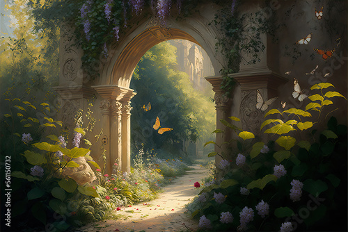 A beautiful secret fairytale garden with flower arches and beautiful tropical forest with colorful vegetation