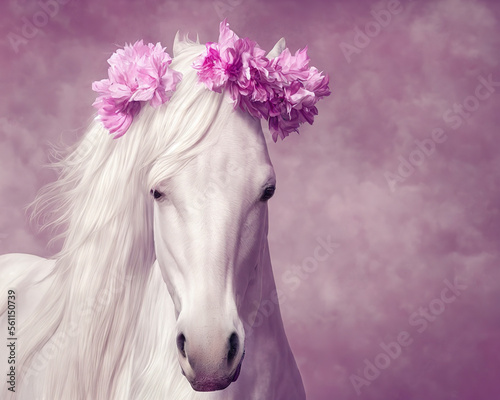 A white horse wearing a wreath with pink flowers on a pink background. Ai generative image. 