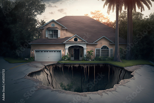 Sinkhole in front yard of a suburban house. Generative AI photo