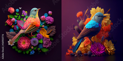 Illustration of colorful birds with lot of flowers around it  dark tone background  collection