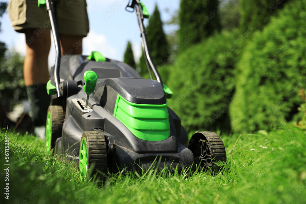 Man cutting grass with lawn mower in garden on sunny day, closeup