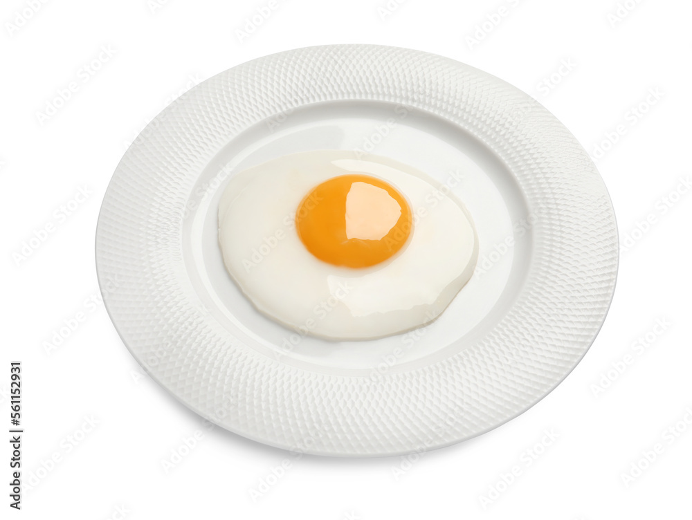 Plate with tasty fried egg isolated on white Plate with tasty fried egg isolated on white