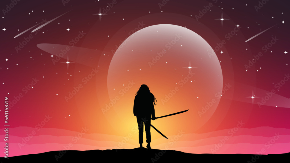 alone woman walpaper. female samurai holding sword to attack. Woman Warrior Under Moon Night and Dark Day. Female Japanese warrior. walk alone background. sad.