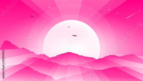 Vector illustration of beautiful mountain landscape, mountain landscape with fog, pink walpaper, mountain walpaper for dekstop