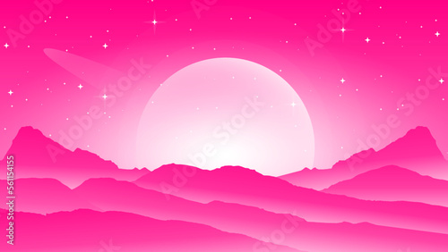 Fototapeta Naklejka Na Ścianę i Meble -  Vector illustration of beautiful mountain landscape, mountain landscape with fog, mountain walpaper for dekstop, pink walpaper