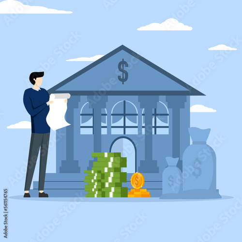 Public financial audit concept. Coins and banknotes lying near government finance department or tax office column building. Flat vector illustration.