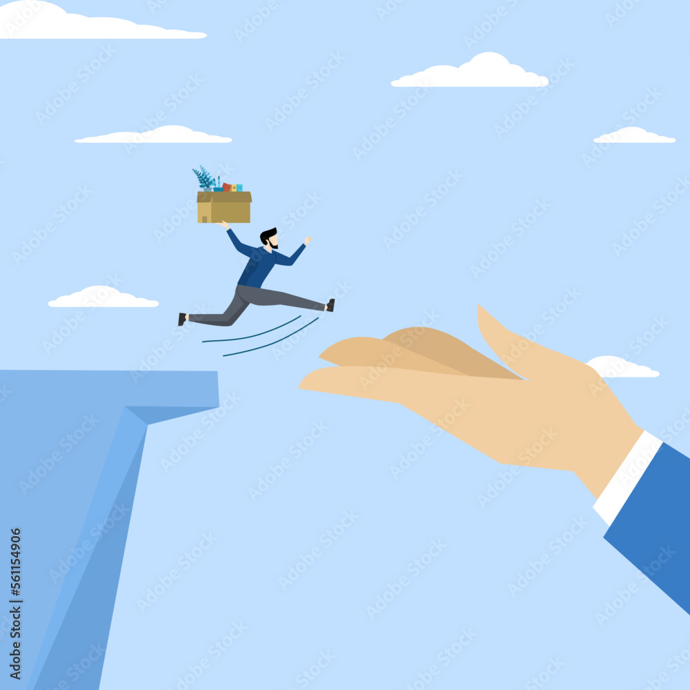 Concept Change job, leave company for new career opportunity, confident brave businessman carrying stuff running away jumping from cliff to help giant hand, decision to change employer concept. Concept Change job, leave company for new career opportunity, confident brave businessman carrying stuff running away jumping from cliff to help giant hand, decision to change employer concept.