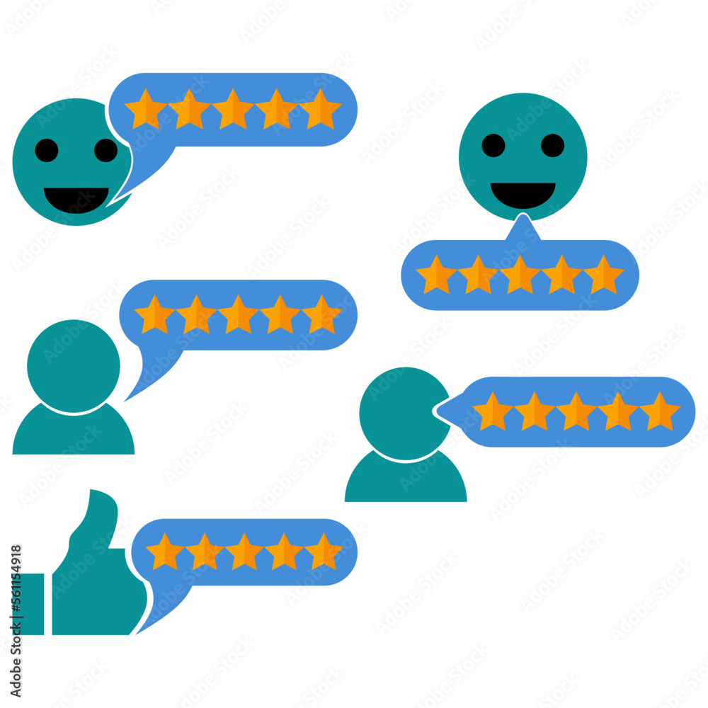 5 star positive reviews from customers. Choose a nice icon. Good results in business. Feedback with satisfaction rating. Service quality survey. Best ranking concept. Vector icon set.