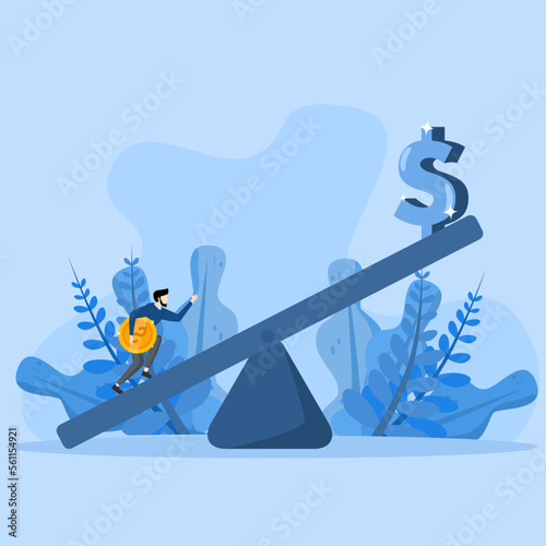 Leverage Investment Concept, investors borrow money, business investors borrow coins from others to use seesaws to get big dollar signs, borrow shares to increase potential returns concept.