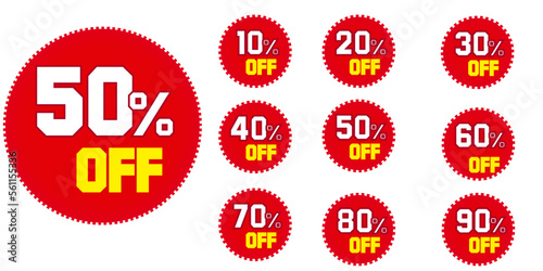 For the sale tag speech bubble red shape with different discount set, there is a 10, 20, 30, 40, 50, 60, 70, 80, and 90 percent price clearance sticker badge banner label vector illustration isolated.
