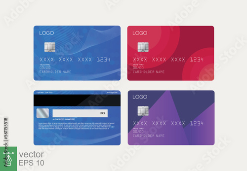 Credit cards vector mockups isolated on grey background. Blue, red and purple debit card. ATM card with chip, payment, business concept. Simple realistic style. EPS 10.