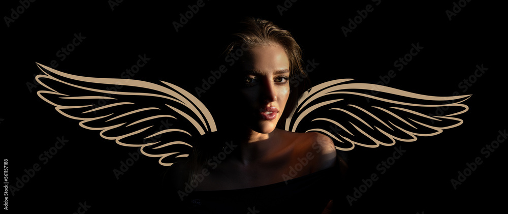 Sexy angel with wings. Valentines day wide photo banner for website ...