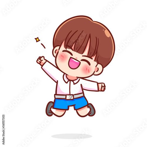 Cute cheerful student boy jumping cartoon character kid children school education hand draw art illustration
