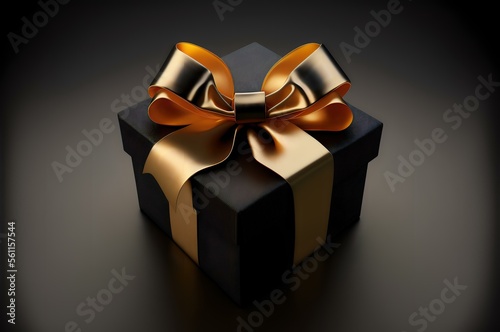 close-up of the golden ribbon bow on the black gift box, with a shallow depth of field to keep the ribbon in focus and the box slightly out of focus (AI Generated)