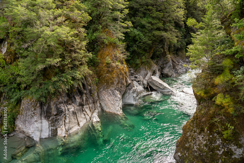 Blue Pools and the Makarora River. Haast Pass on the West Coast of the South Island of New Zealand. Blue Pools and the Makarora River. Haast Pass on the West Coast of the South Island of New Zealand.