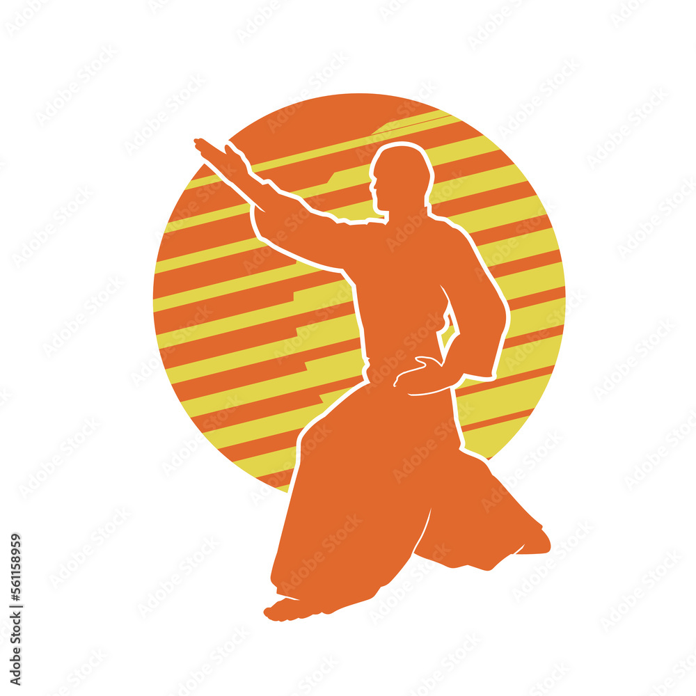 Pencak silat, Indonesia traditional martial art athlete vector silhouette.