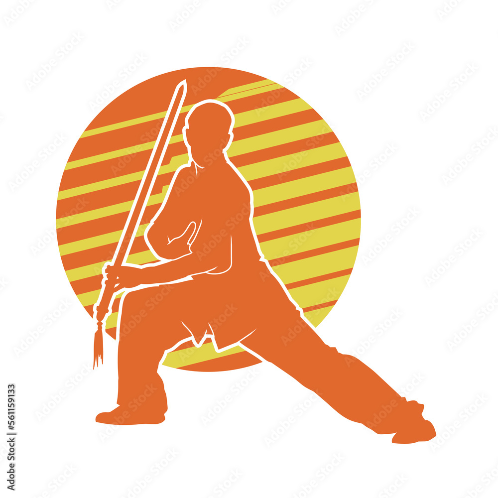 Vector Silhouette Of A Chinese Wushu Fighter With A Long Sword In Hand vector-silhouette-of-a-chinese-wushu-fighter-with-a-long-sword-in-hand