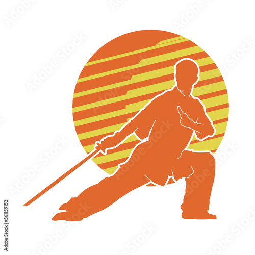 Vector silhouette of a Chinese wushu fighter with a long sword in hand.