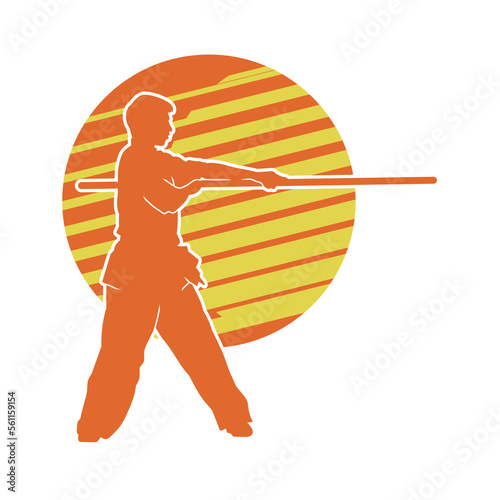 Vector silhouette of martial arts kung fu man standing and use long stick to perform. Shaolin master illustration on tripe lines background.
