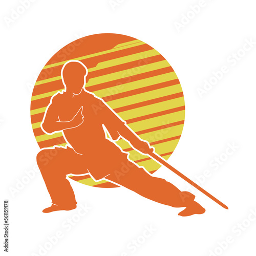 Vector silhouette of martial arts kung fu man standing and use long stick to perform. Shaolin master illustration on tripe lines background.