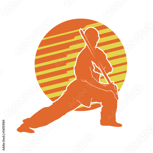 Vector silhouette of a Chinese wushu fighter with a long sword in hand.