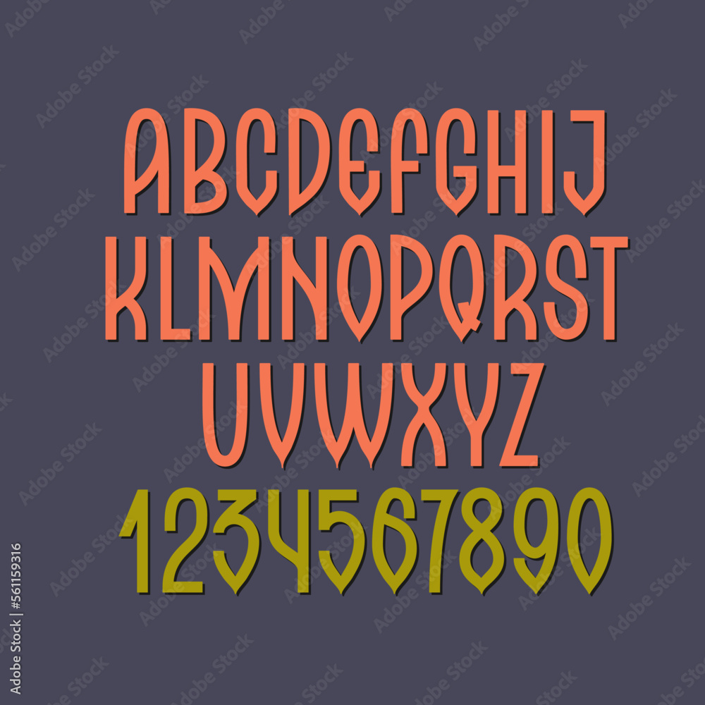 Old fashioned retro font. English trendy alphabet. Vector Letters and Numbers from 0 to 9.