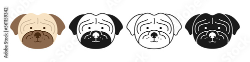 Dog pug faces cartoon character set. Cute puppy childish kawaii head symbol muzzle, line doodle, icon or silhouette. Smiling funny doggy pet baby, comic animal print flat sticker template vector