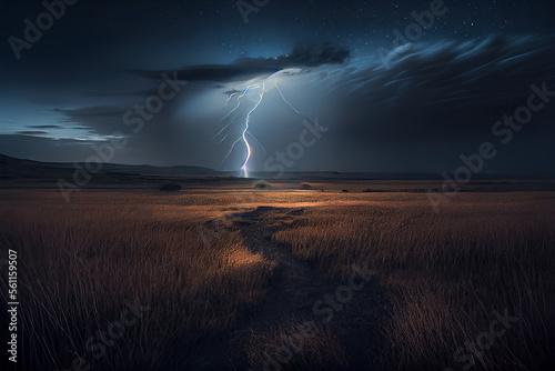 Lightning Strike in the distance rolling hills night scene long exposure