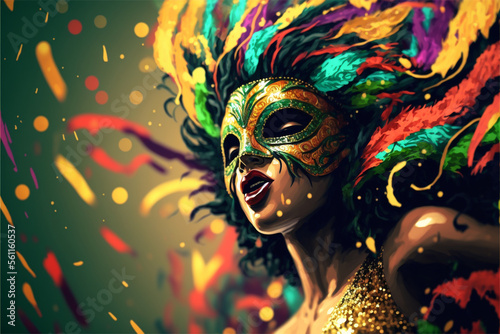 mask brazilian woman carnival 2023 dancing,yellow and green abstract, Generative Ai