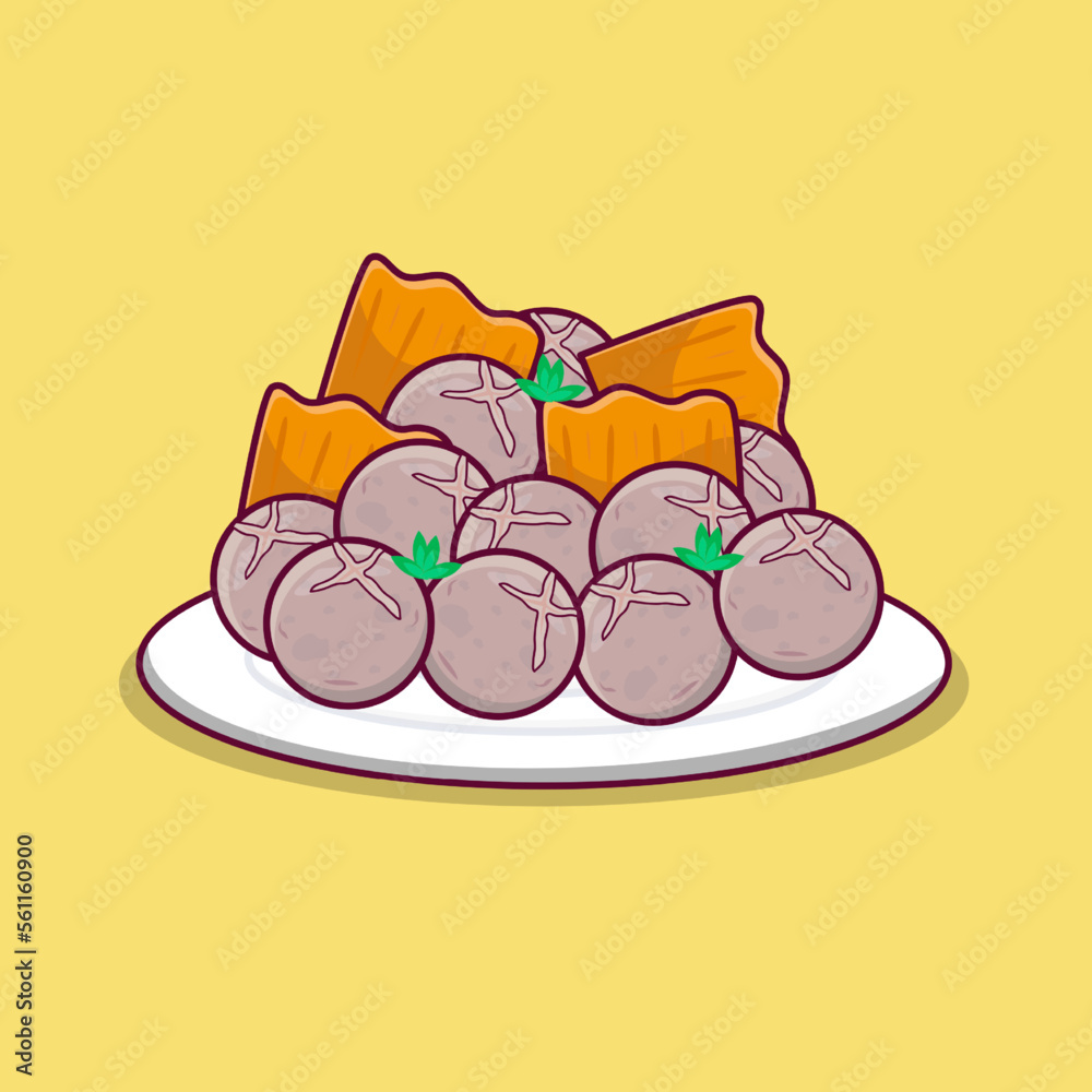 Detailed meatball on wooden plate illustration for asian food Detailed meatball on wooden plate illustration for asian food
