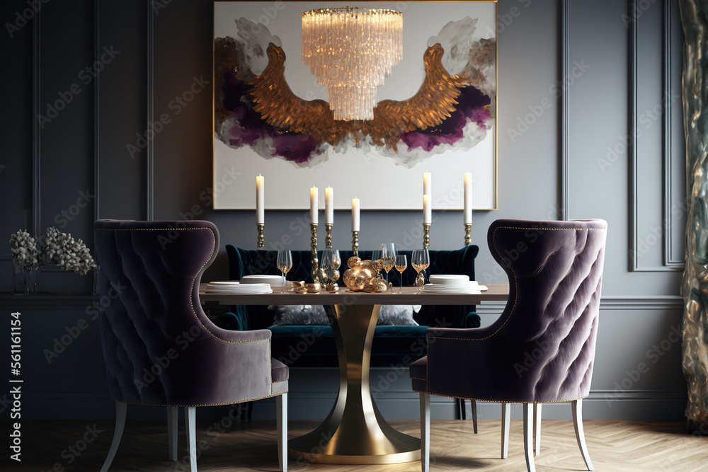 Elegant dining room interior design with velvet armchairs, a hardwood ...