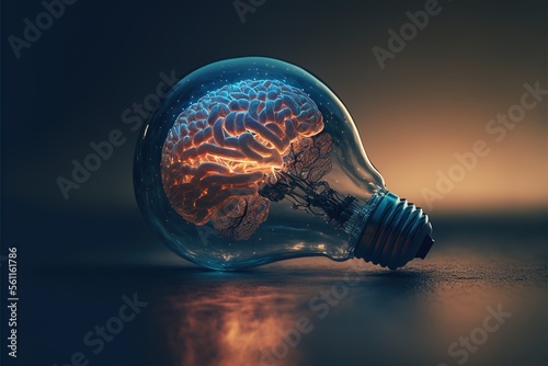 Futuristic AI Light bulb for inspiration, future, solutions, neon colors, dark background created with generative ai technology