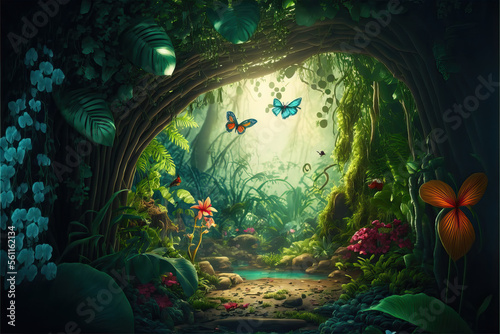 A beautiful fairy tale enchanted forest with big trees, tropical vegetation and many colorful insects